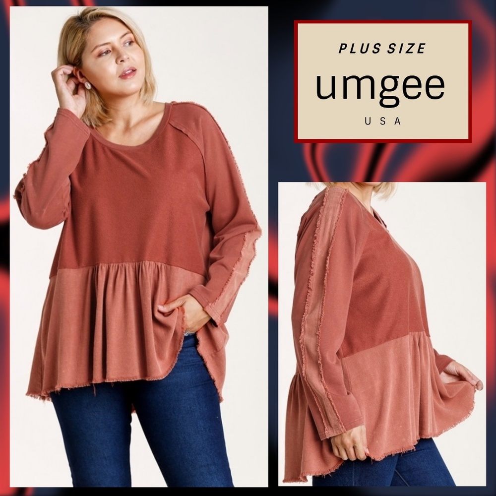 UMGEE Top Mineral Wash French Terry & Linen/Cotton Blend W/Raw & Frayed Edges